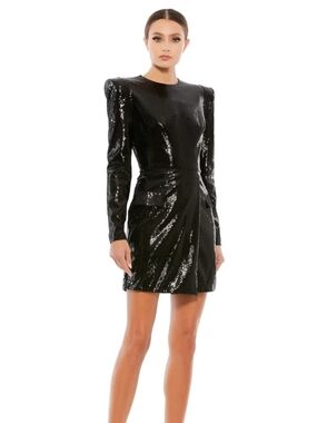 Black Sequin Long-Sleeve Mini Dress with Structured Shoulders